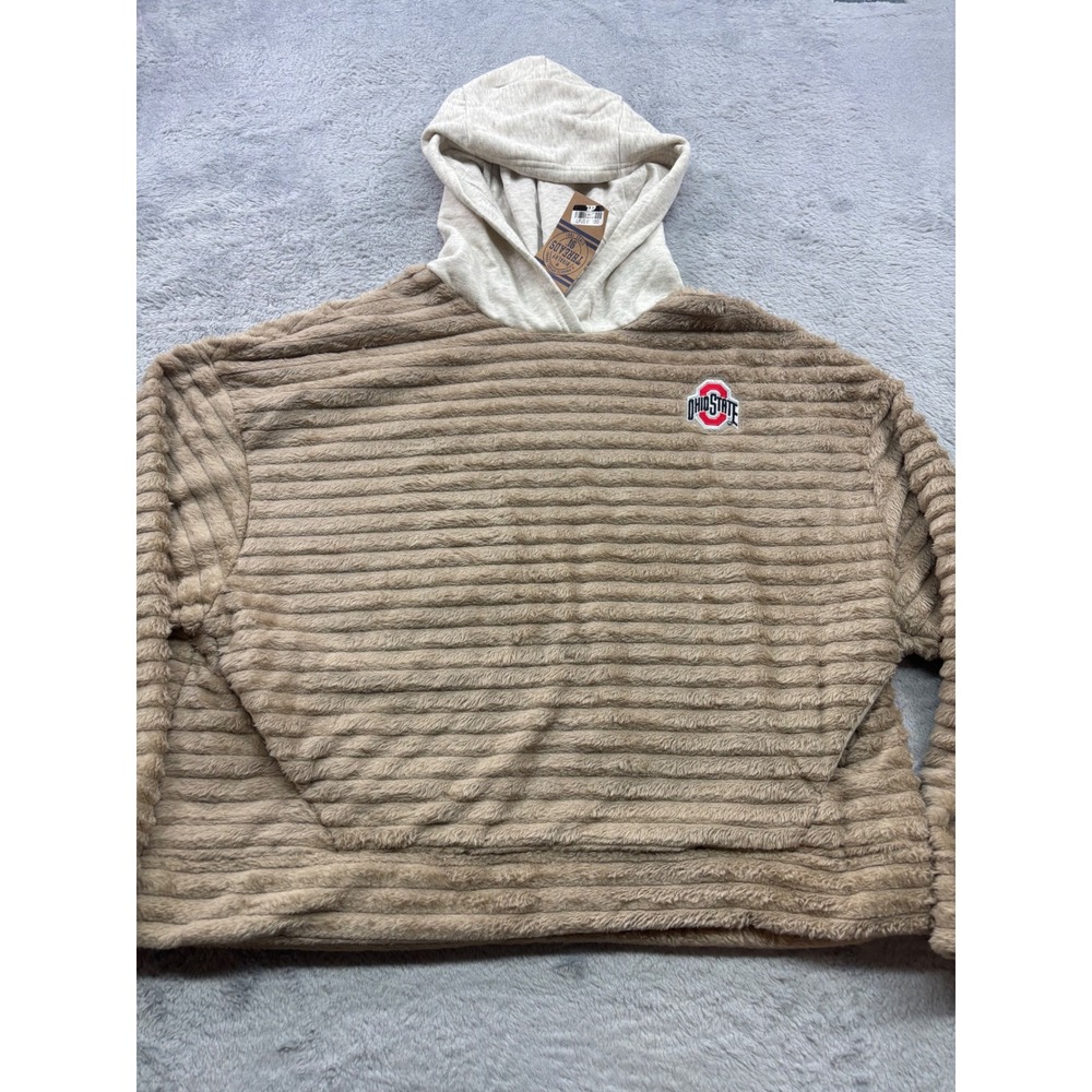 Rivalry Threads Ohio State Buckeyes Tan Faux Fur Boxy Hoodie Womens XL 16/18 NEW